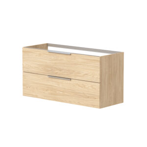 Lira baderomsmøbel i lys eik skaper en varm og naturlig atmosfære på badet.