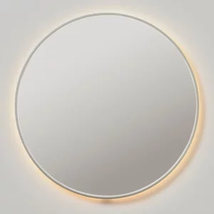 Bloom er et rundt speil med en slank, grå ramme og integrert LED-belysning