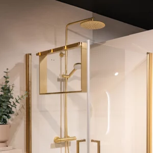 Novellini dusjhylle i børstet messing montert på dusjglass.