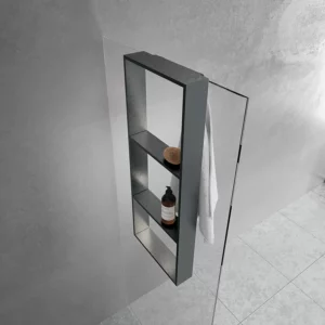 Novellini dusjhylle i børstet grafitt med oppbevaring i dusj.