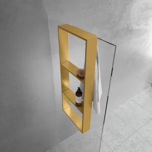 Novellini dusjhylle i børstet messing montert på dusjvegg.