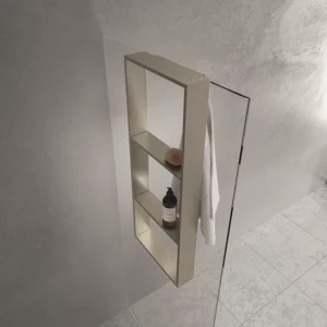 Novellini dusjhylle i børstet stål montert på dusjglass 6–8 mm.